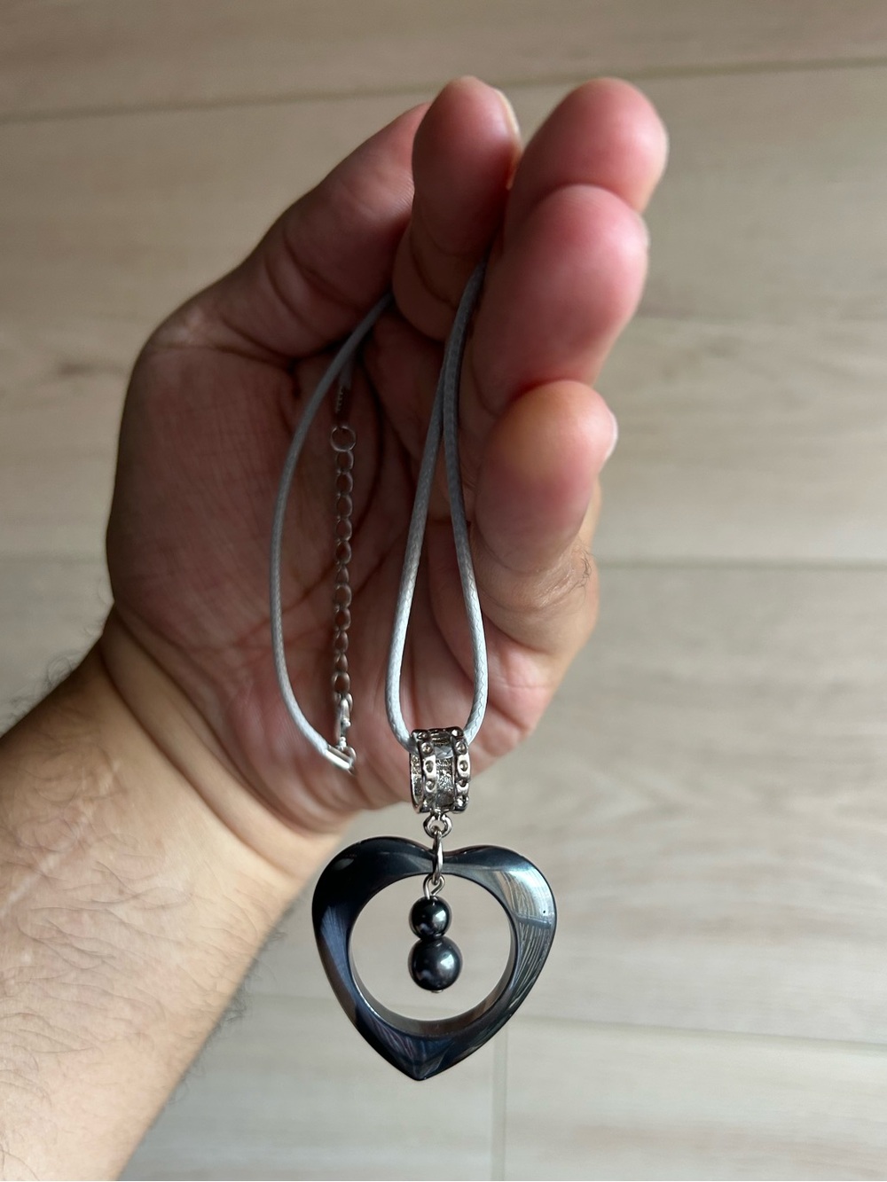 Hematite Heart and Bead Pendant Necklace 18”